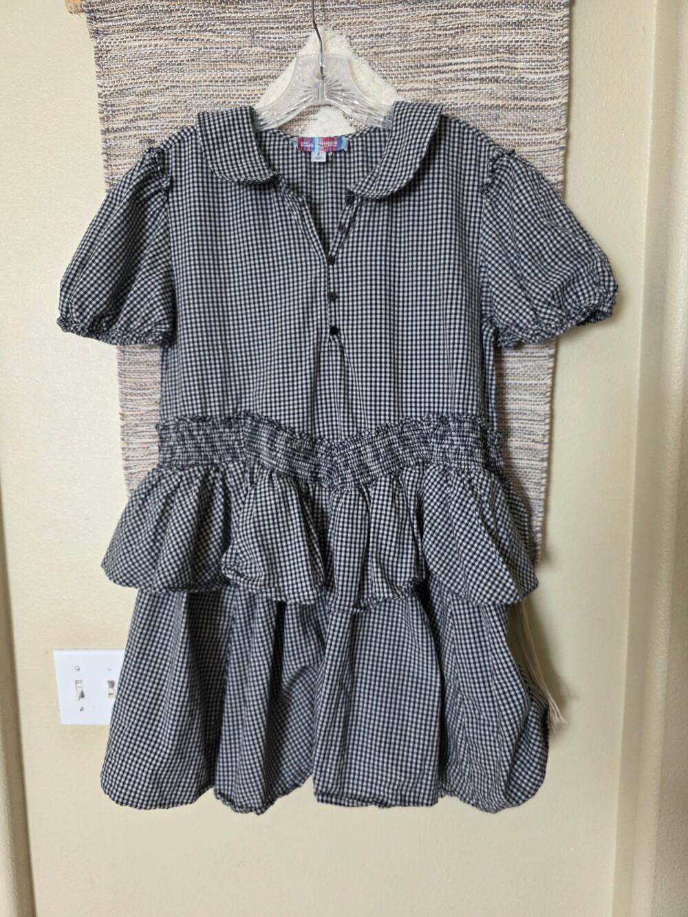 Urban Outfitters Gingham Ruffle Dress Puff Sleeve Peter Pan Collar Black White S